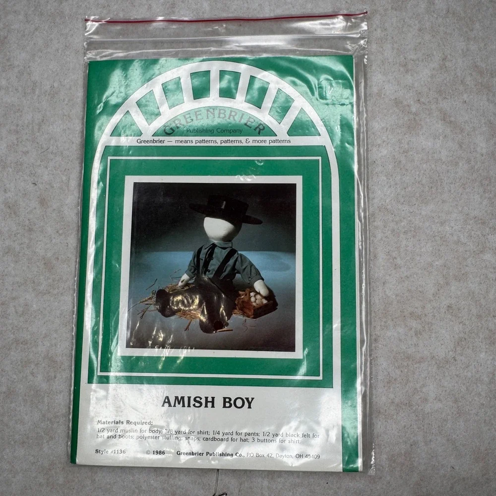 Vintage 1986 Greenbrier Amish Boy Sewing Pattern #1136 Doll Making‎ Craft VTG